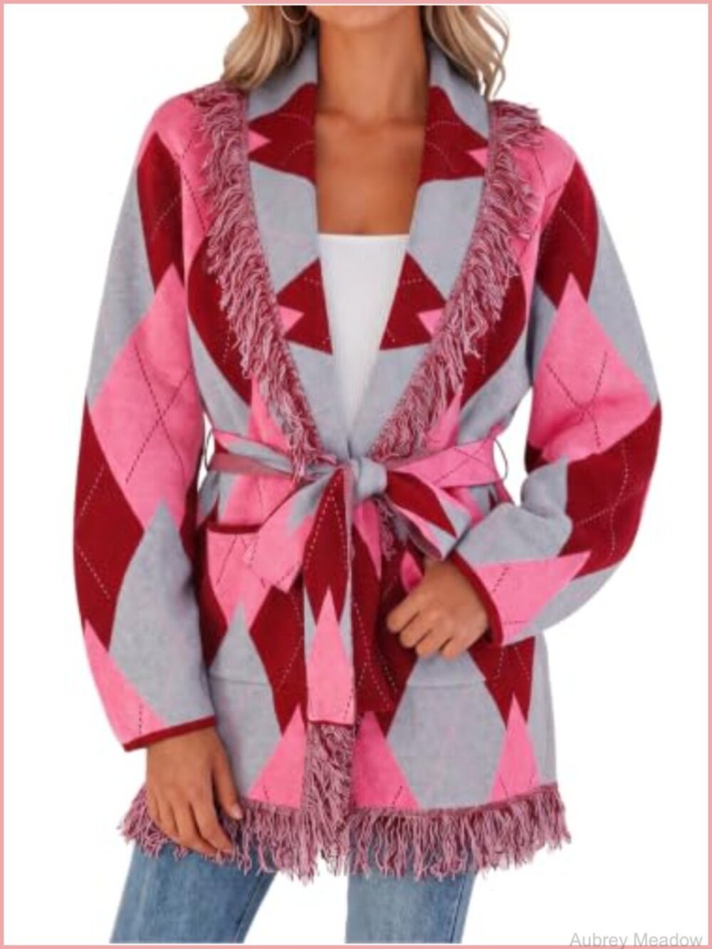 Open Front Argyle Cardigan Shawl Collar Fringe Belted Sweater